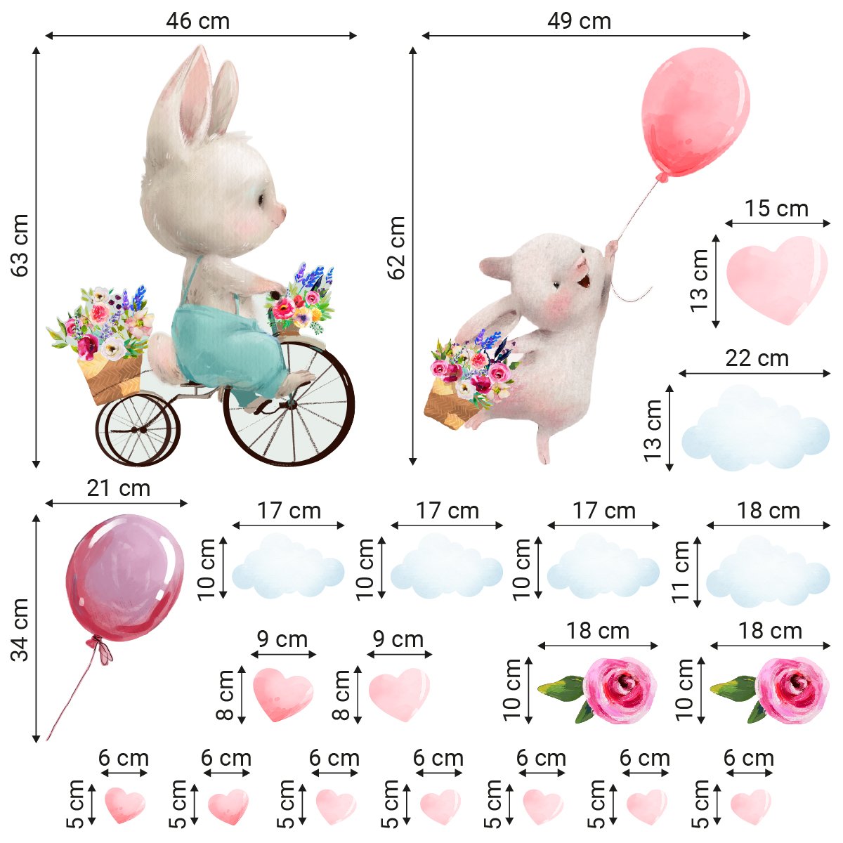 Naklejki na ścianę dla małej dziewczynki dwa radosne króliki z kwiatami i balonami
