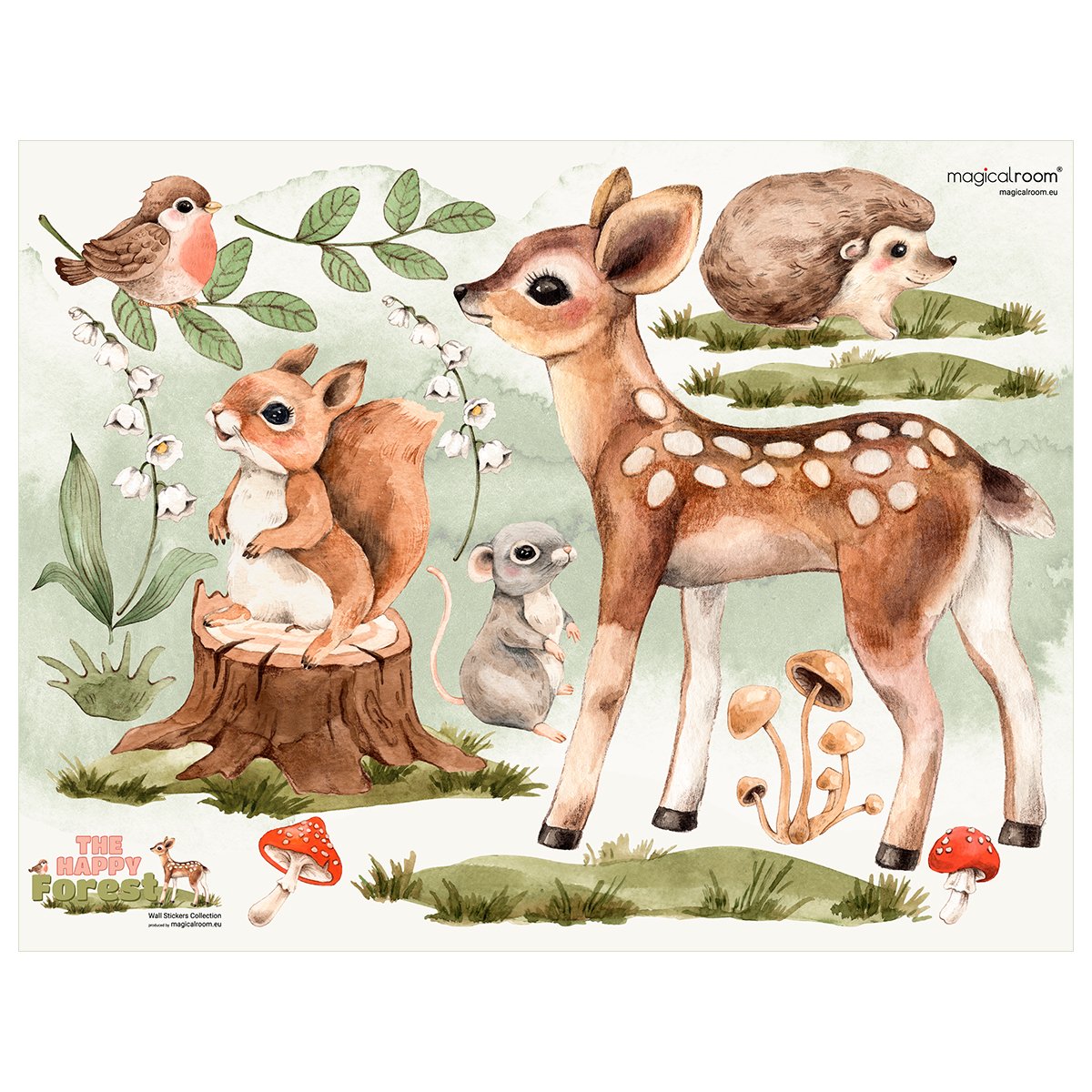Naklejki dla dziewczynki leśne zwierzęta i ruda wiewiórka