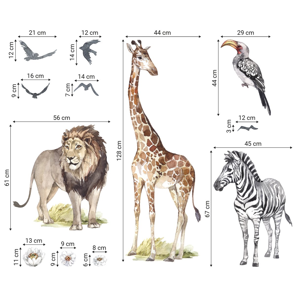 Duże naklejki na ścianę dla dziewczynki zwierzęta Afryki, lew, zebra i żyrafa
