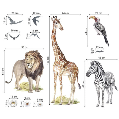Duże naklejki na ścianę dla dziewczynki zwierzęta Afryki, lew, zebra i żyrafa