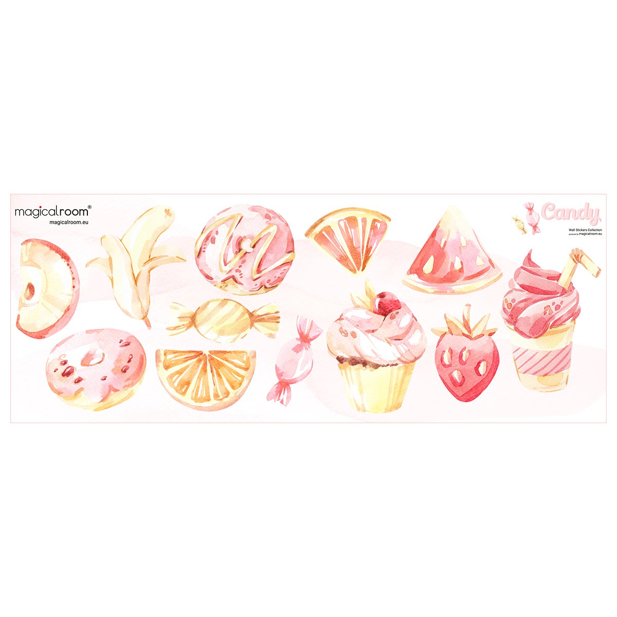 Różowe naklejki na ścianę do cukierni ze słodyczami, wypiekami i owocami w skandynawskim stylu