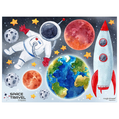 Kolorowe naklejki na ścianę do pokoju dziecka astronauta, rakieta, ziemia i kosmos