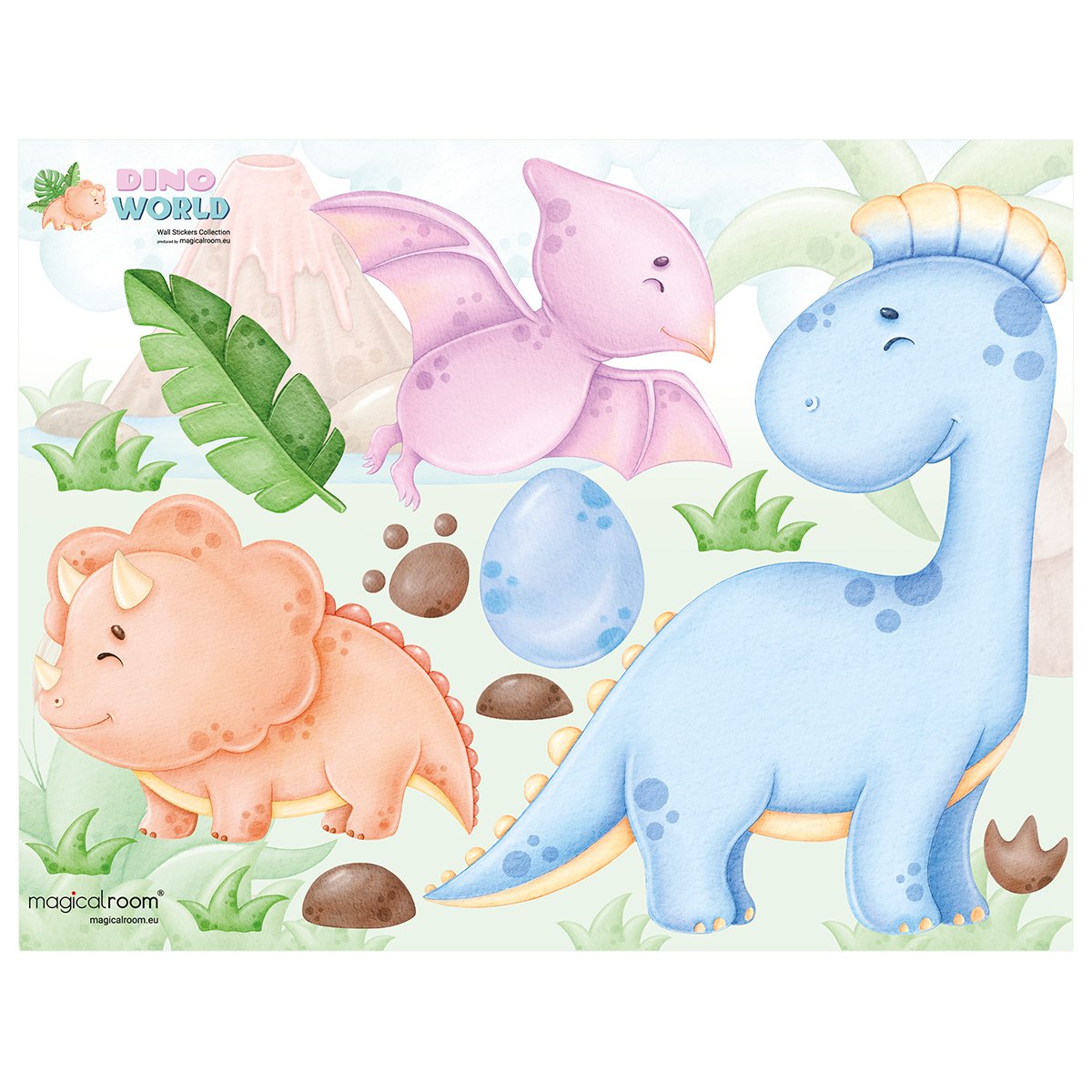 Kolorowe naklejki na ścianę do pokoju dziecka zwierzęta, wesołe dinozaury 