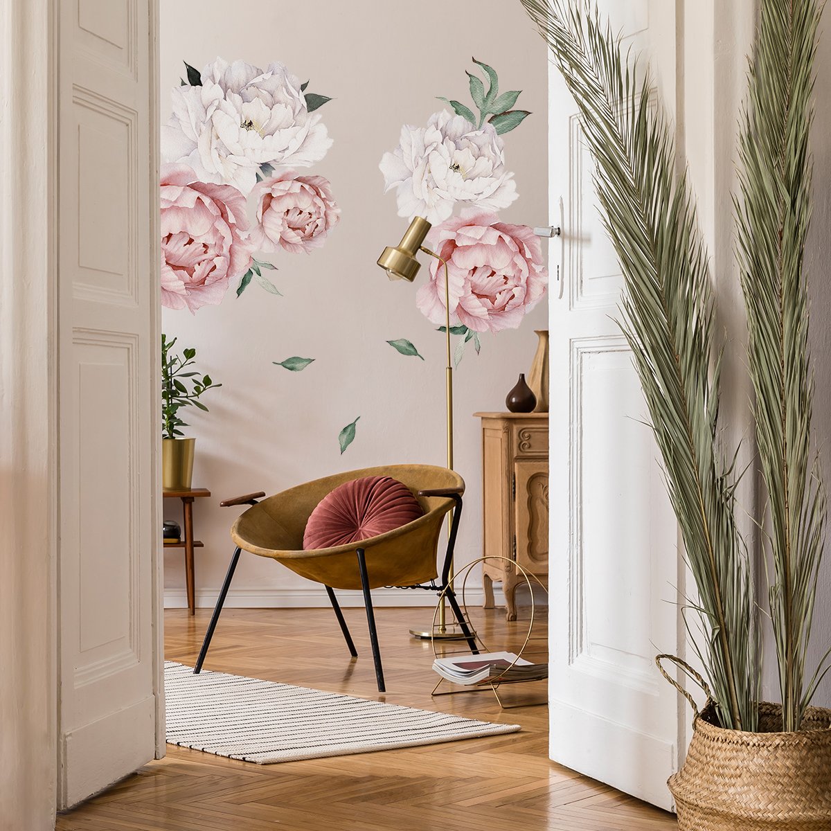Naklejki na ścianę do salonu kwiaty i liście#kolor_brzoskwiniowy