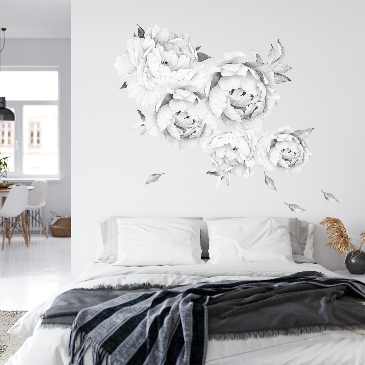 Naklejki na ścianę do sypialni szare kwiaty#kolor_szary