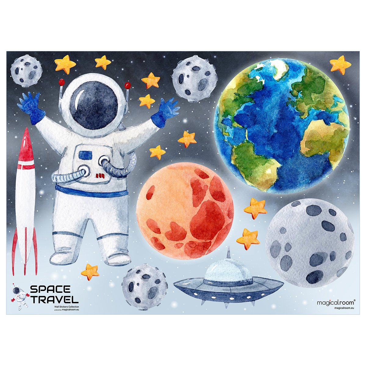 Kolorowe naklejki na ścianę kosmos, planety i astronauta dla dzieci 