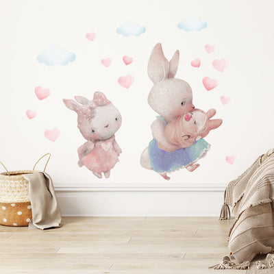 Naklejki na ścianę dla dziewczynki króliczki, serca i chmurki