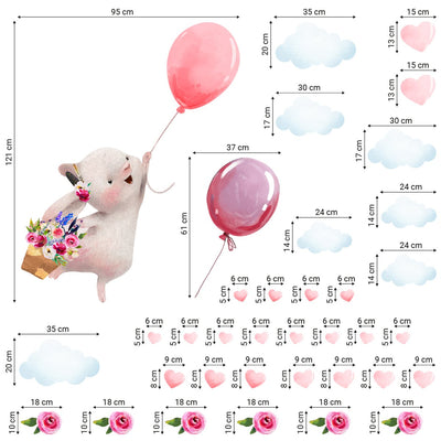 Duże naklejki na ścianę królik, dwa różowe balony i chmurki dla dzieci