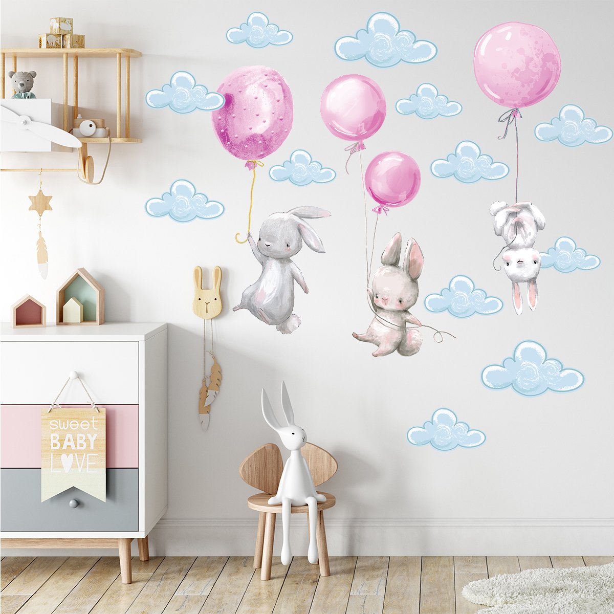 Naklejki króliki i różowe balony#kolor_rozowy