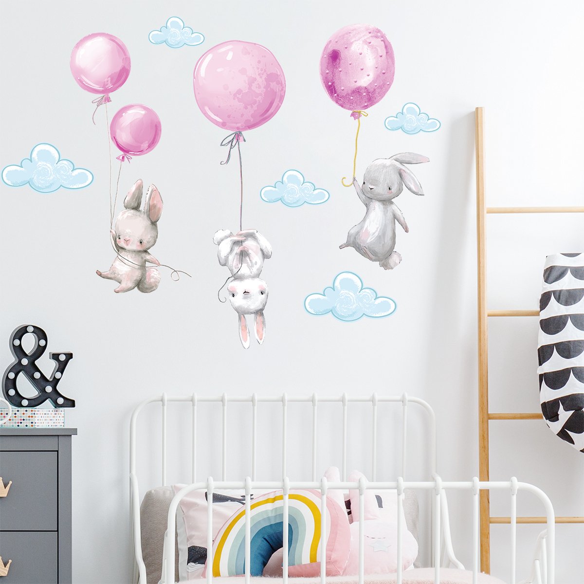 Naklejki na ścianę króliki i różowe baloniki#kolor_rozowy