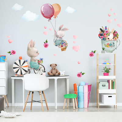 Naklejki na ścianę dla dziecka króliki, balony i chmurki