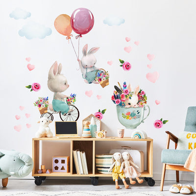 Kolorowe naklejki na ścianę króliki i balony dla dziewczynki