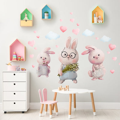 Naklejki na ścianę dla dzieci trzy króliki i serduszka