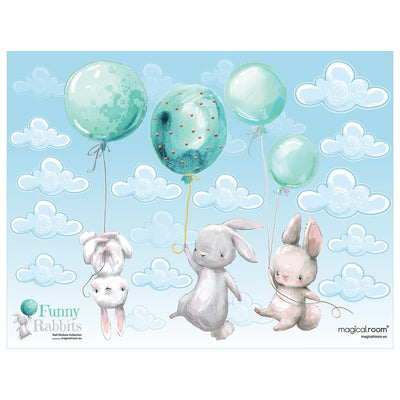Naklejki na ścianę króliki z balonami dla dzieci#kolor_mietowy