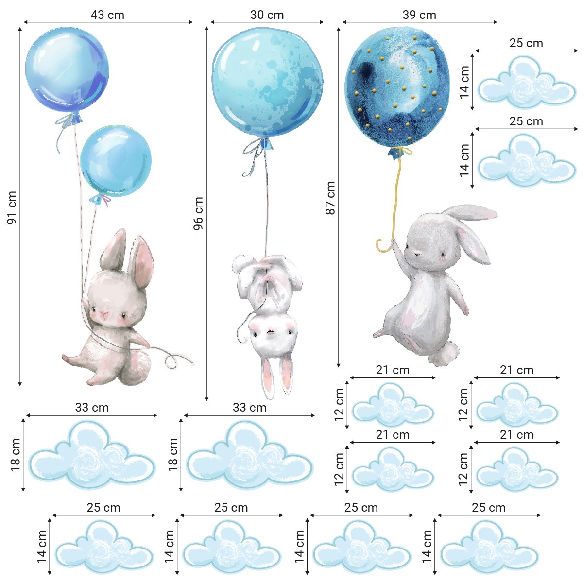 Naklejki ścienne króliki z balonami do pokoju dziecka#kolor_niebieski