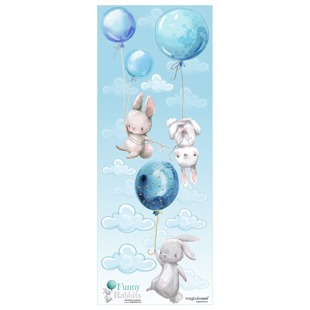 Naklejki na ścianę do pokoju dziecięcego króliki z niebieskimi balonami#kolor_niebieski