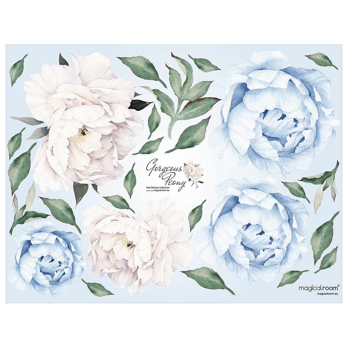 Naklejki na ścianę białe i niebieskie kwiatki piwonie do salonu#kolor_niebieski