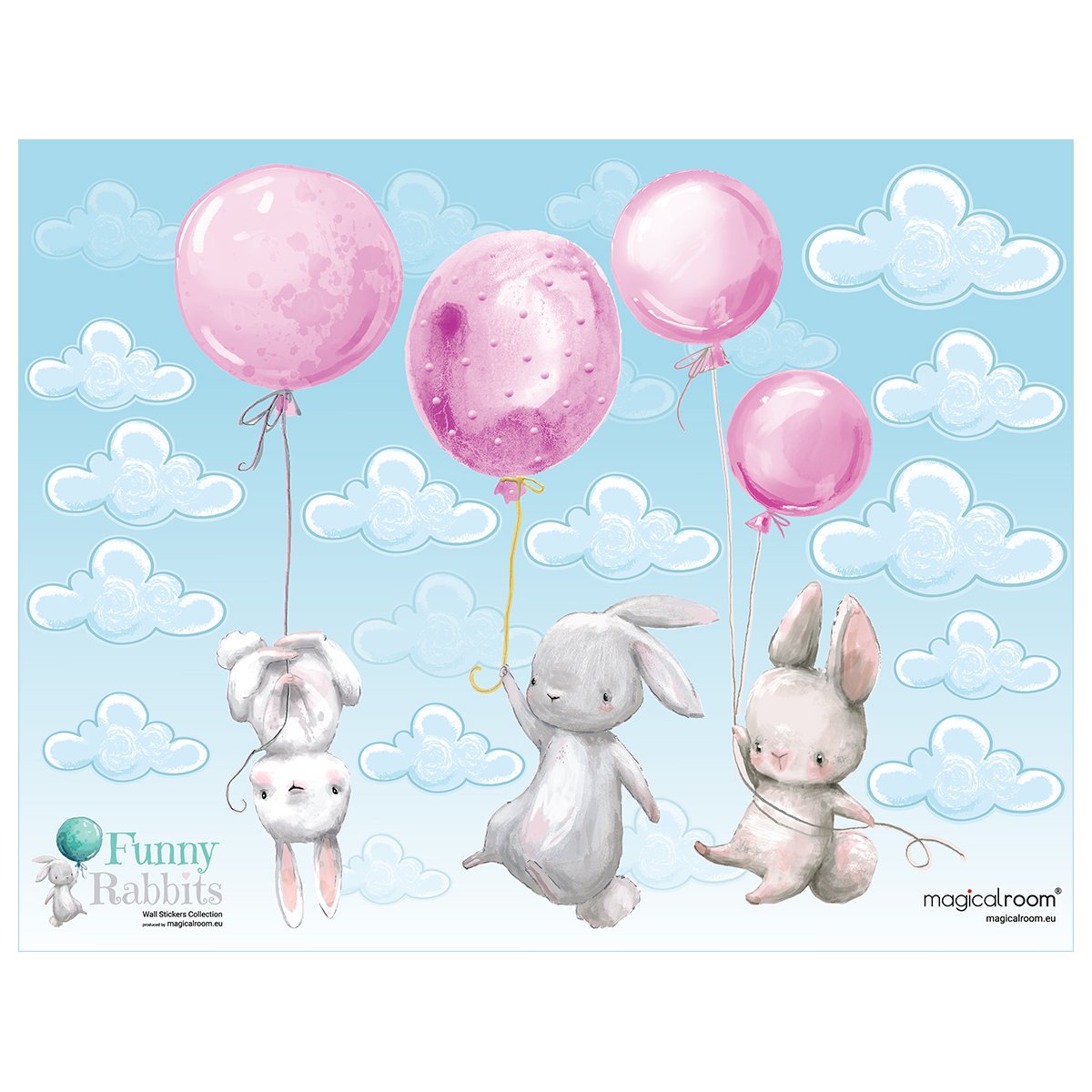 Naklejki na ścianę różowe balony i latające króliki#kolor_rozowy