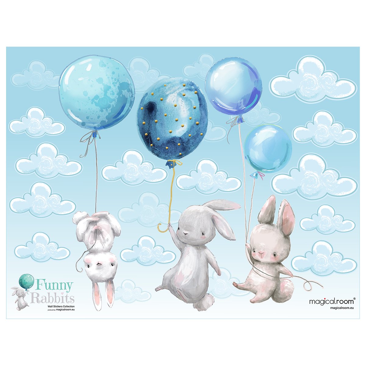 Naklejki na ścianę niebieskie balony i króliki#kolor_niebieski