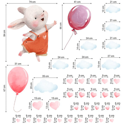 Duże naklejki na ścianę do pokoju dziewczynki królik i dwa różowe balony