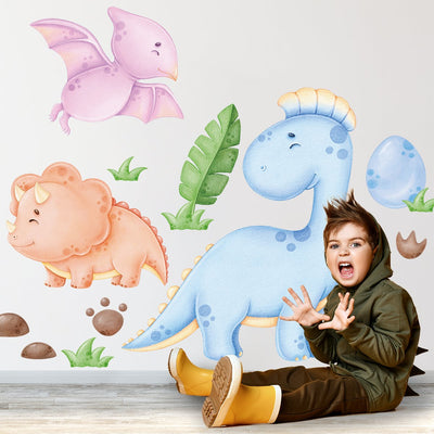 Naklejki na ścianę trzy przyjazne dinozaury dla małych dzieci