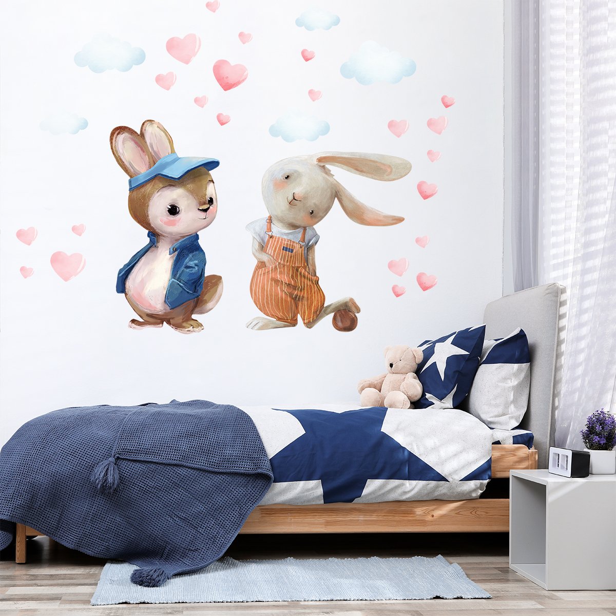 Naklejki na ścianę dla małego chłopca dwa króliki i chmury