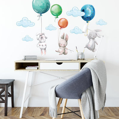 Naklejki na ścianę dla dzieci kolorowe balony i króliczki#kolor_kolorowy