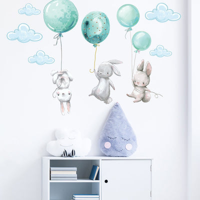 Naklejki na ścianę dla dzieci miętowe balony i króliki#kolor_mietowy