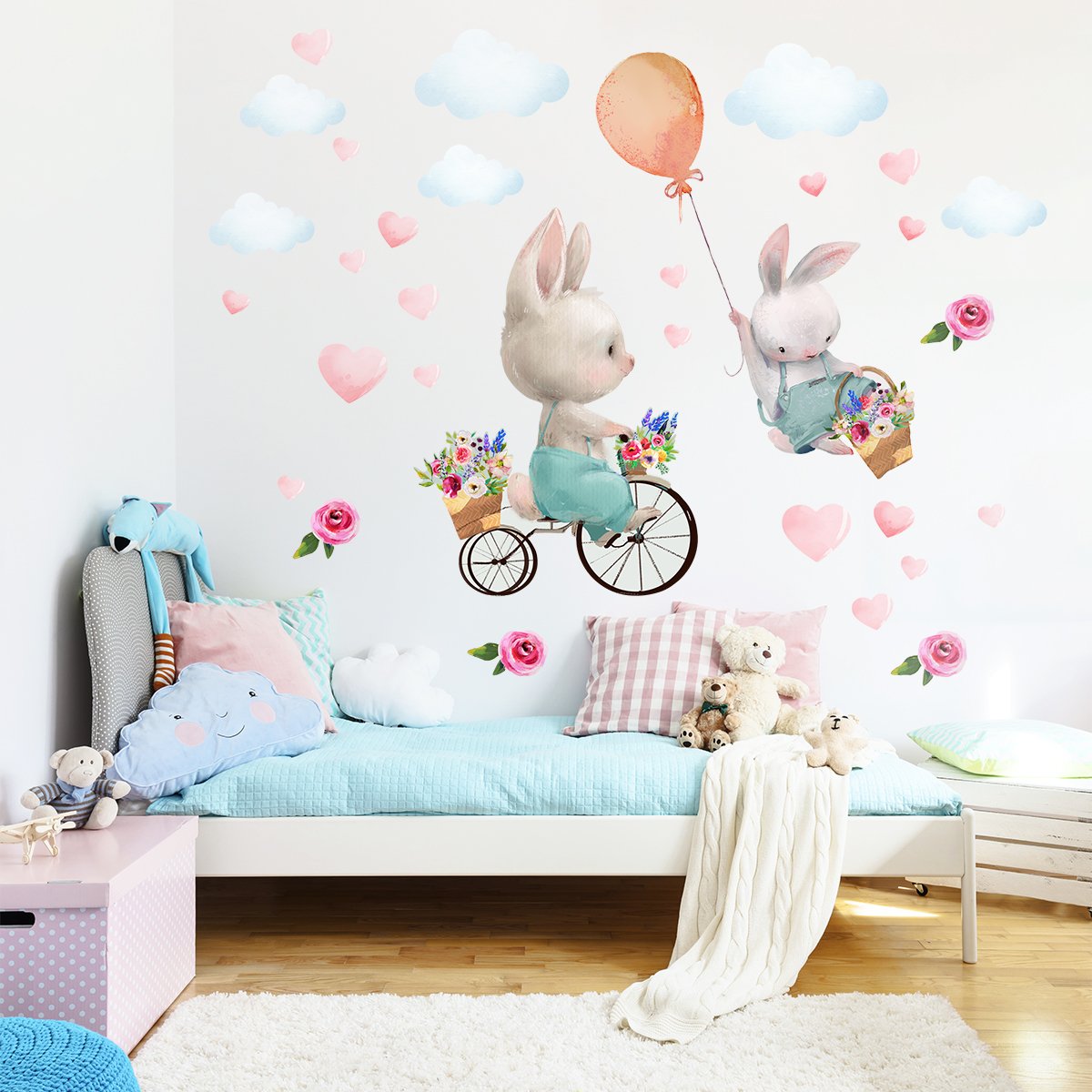Kolorowe naklejki na ścianę dla dzieci serca, kwiaty i dwa króliczki