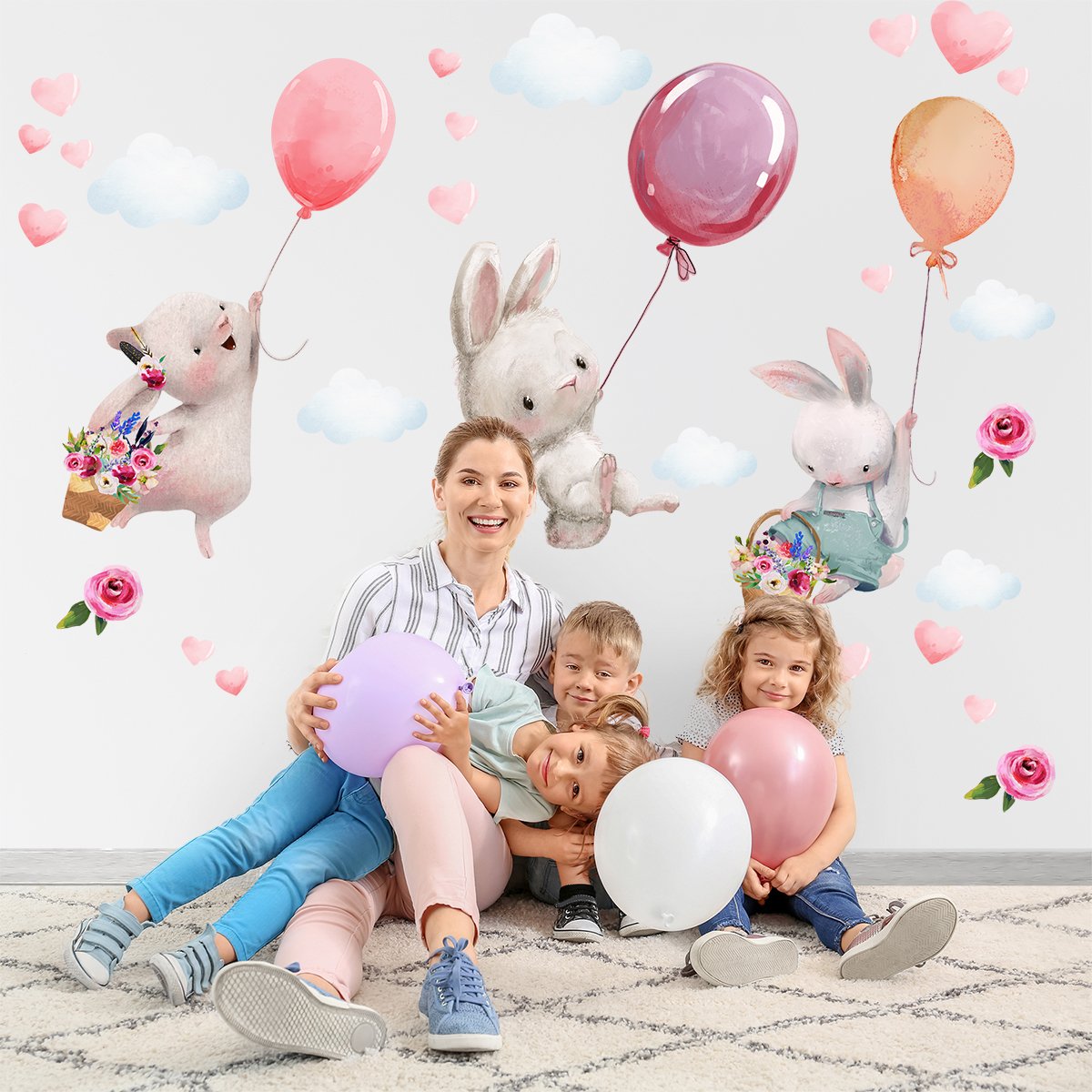 Naklejki na ścianę do przedszkola dla dzieci trzy duże króliczki z balonami 