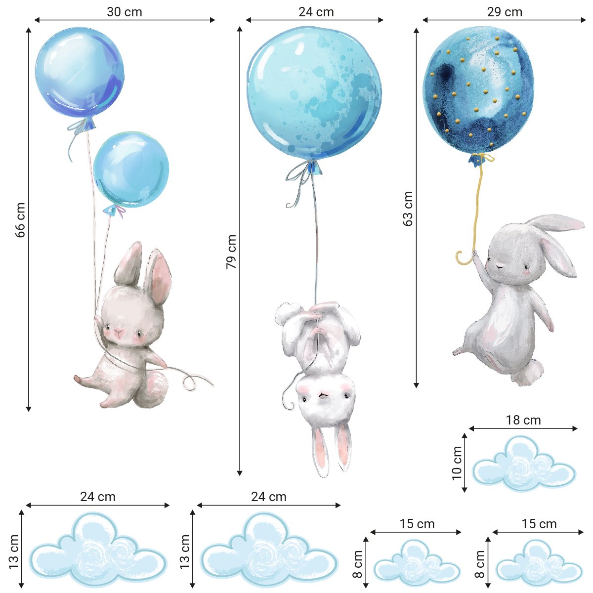 Naklejki na ścianę dla dzieci króliki i baloniki#kolor_niebieski