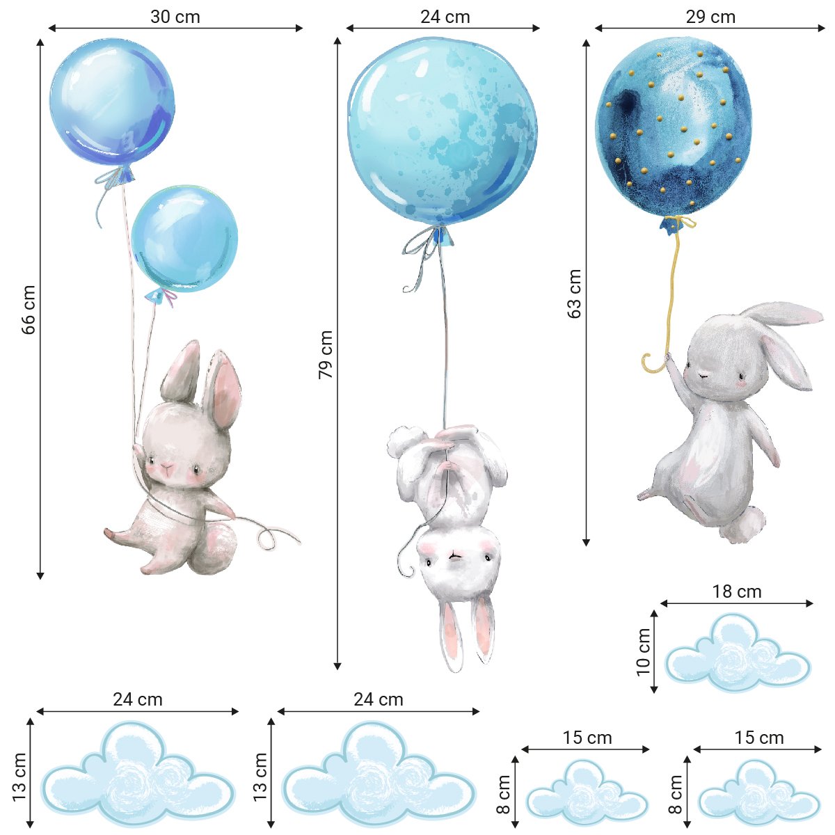 Naklejki na ścianę dla dzieci latające króliki i baloniki#kolor_niebieski