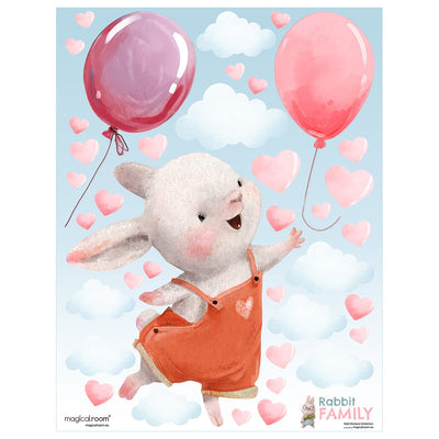 Duża naklejka na ścianę dla dzieci królik, dwa balony, serca i chmurki