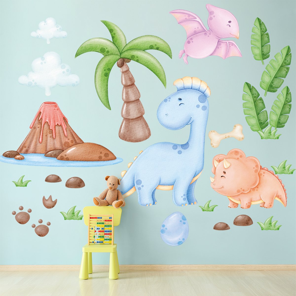 Naklejki na ścianę dla dzieci palma, liście drzew i kolorowe dinozaury