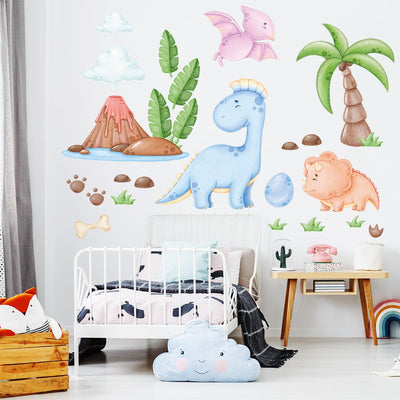 Naklejki na ścianę dla małych dzieci kolorowe zwierzęta, radosne dinozaury i palma