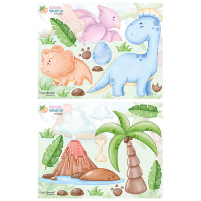Kolorowe naklejki na ścianę dla dziecka dinozaury, palma, wulkan i egzotyczne liście drzew
