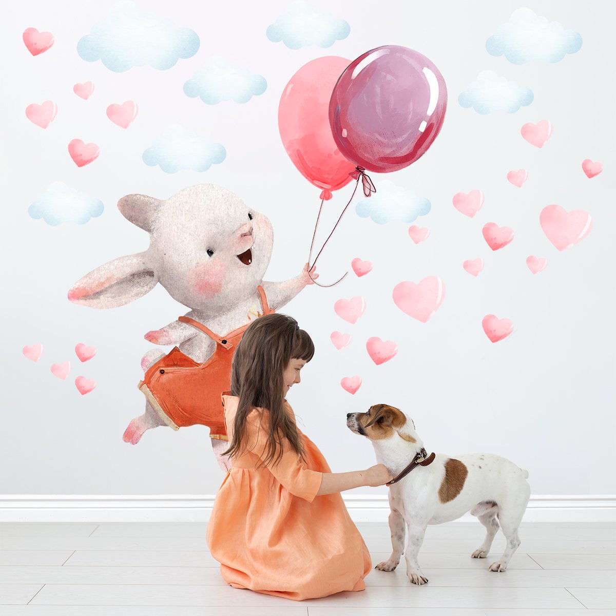 Duże naklejki na ścianę dla dziewczynki dwa balony, króliczek i chmurki