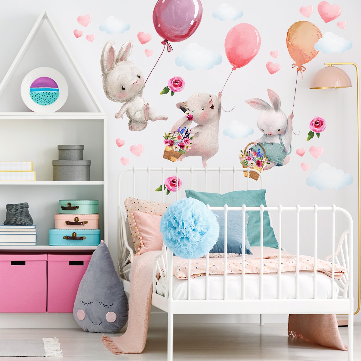 Naklejki na ścianę dla dziewczynki króliczki z balonami