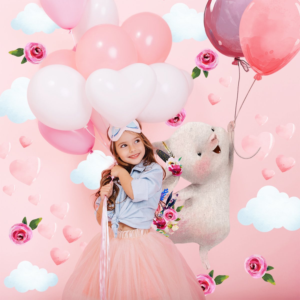 Duże, kolorowe naklejki na ścianę dla dziewczynki królik, dwa różowe balony, róże i serca