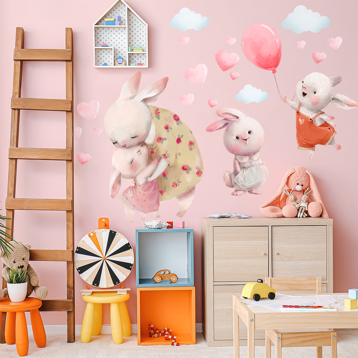 Duża naklejka na ścianę dla dziewczynki radosne króliki i serca