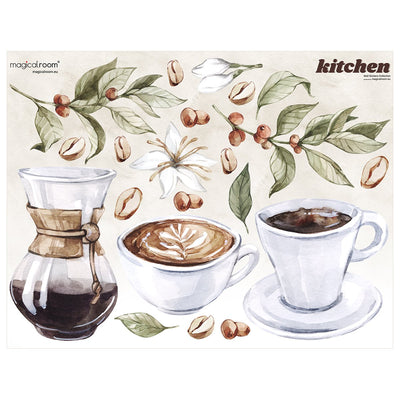 Naklejki na ścianę do jadalni kawa i zielone gałązki kawy z kwiatami i pąkami