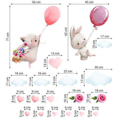 Kolorowe naklejki na ścianę do pokoju dziecięcego króliki i balony