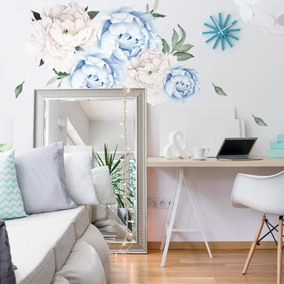 Naklejki na ścianę do salonu białe i niebieskie kwiaty#kolor_niebieski