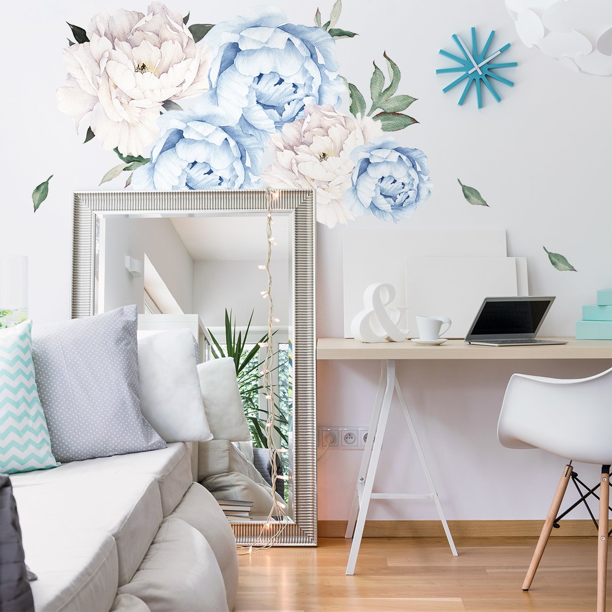 Naklejki na ścianę białe i niebieskie rośliny do salonu#kolor_niebieski