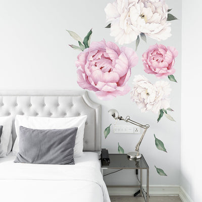 Naklejki na ścianę do sypialni różowe i białe piwonie#kolor_rozowy