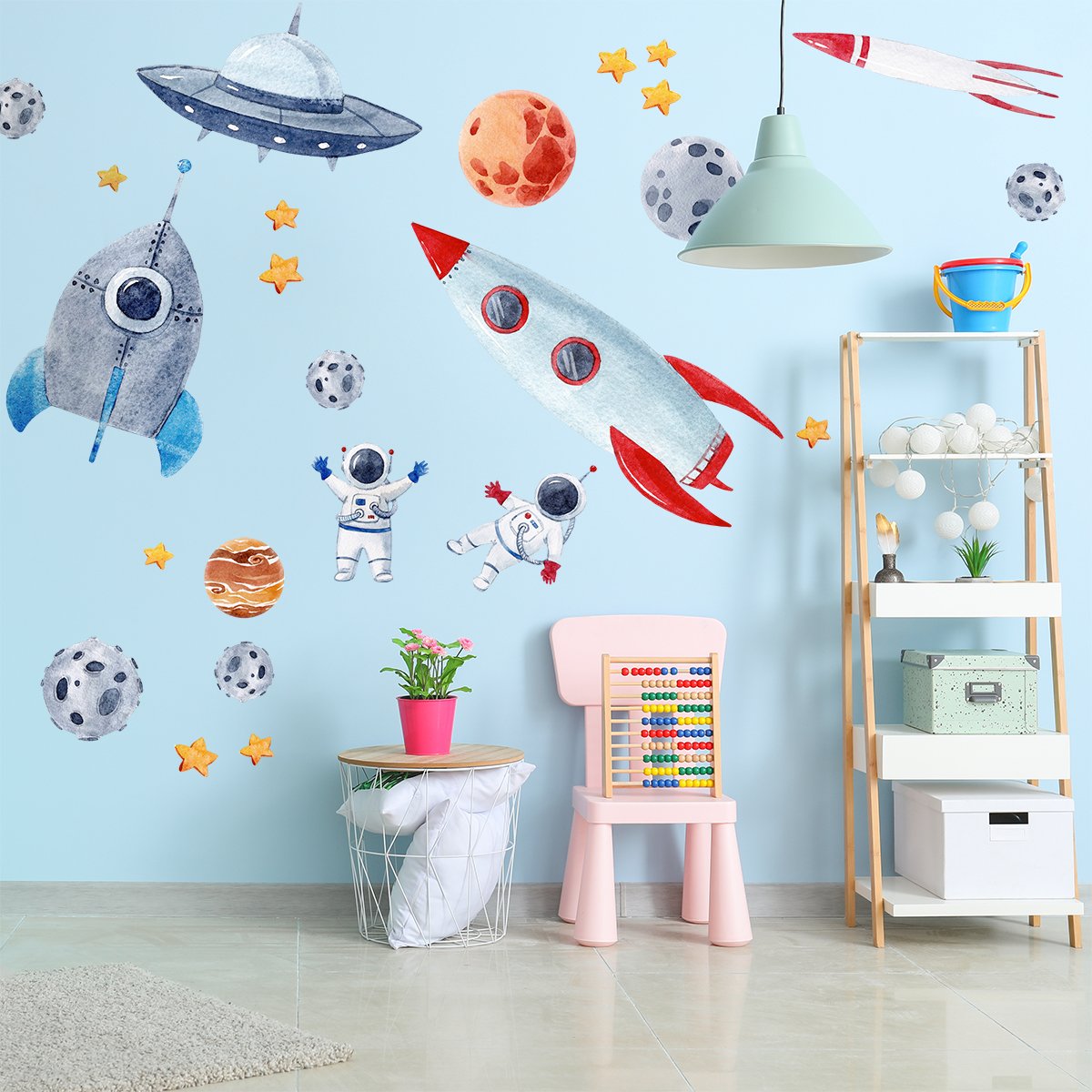 Naklejki na ścianę do pokoju dziecięcego kosmos, rakiety i ufo