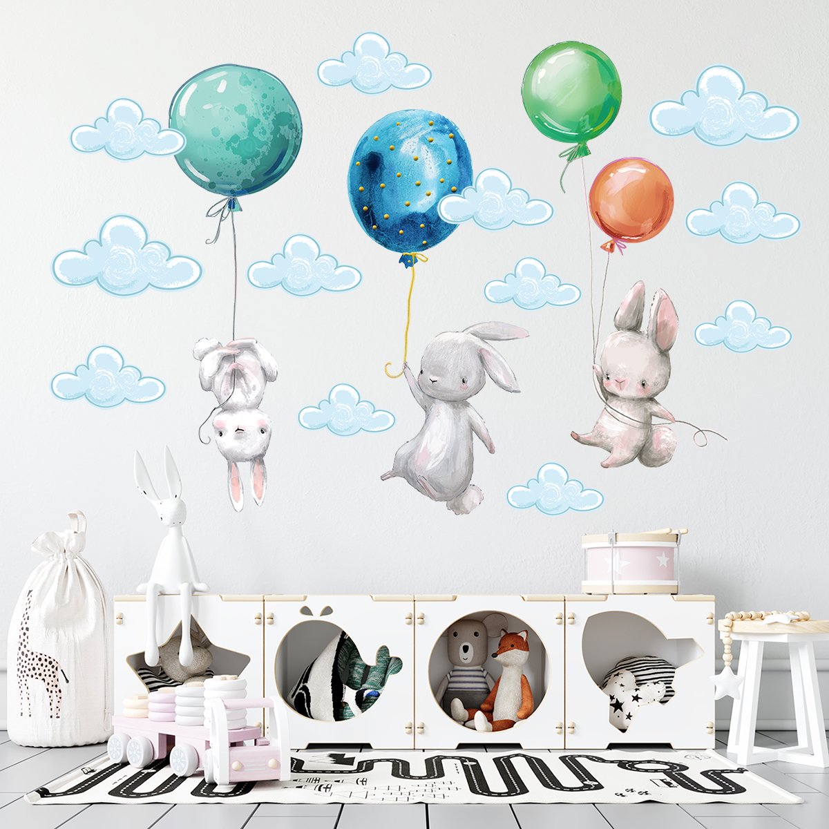 Naklejki na ścianę dla dzieci króliczki i latające baloniki#kolor_kolorowy
