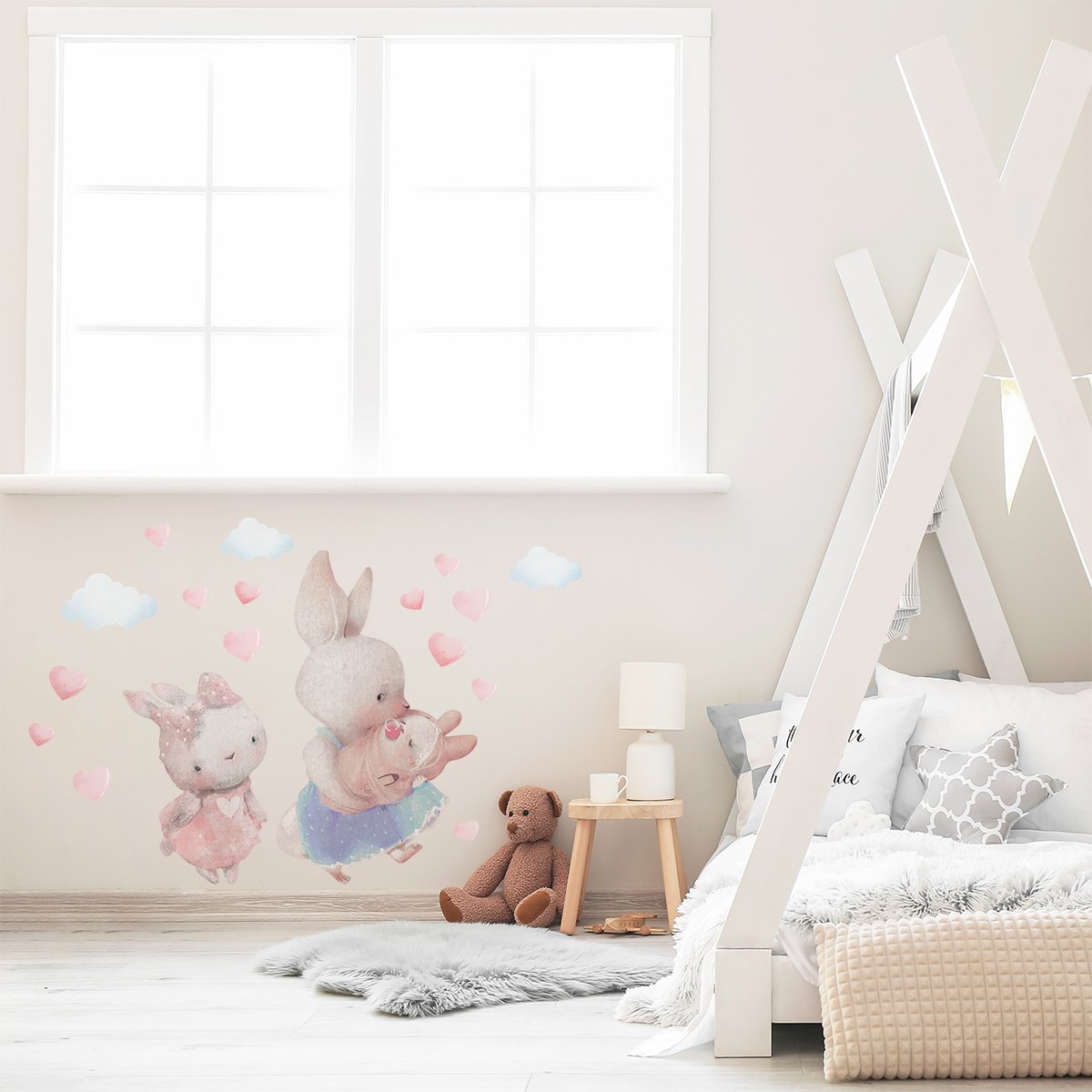 Naklejki na ścianę króliczki, serca i chmurki do pokoju dziecka