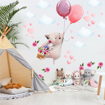 Naklejki na ścianę dla dziewczynki królik, kwiaty i balony