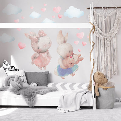 Duże naklejki na ścianę króliki, chmurki i serca do pokoju dziecięcego